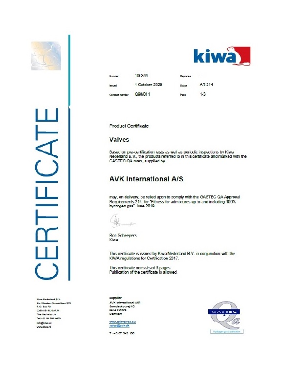 KIWA certificaat gasafsluiters geschikt waterstof
